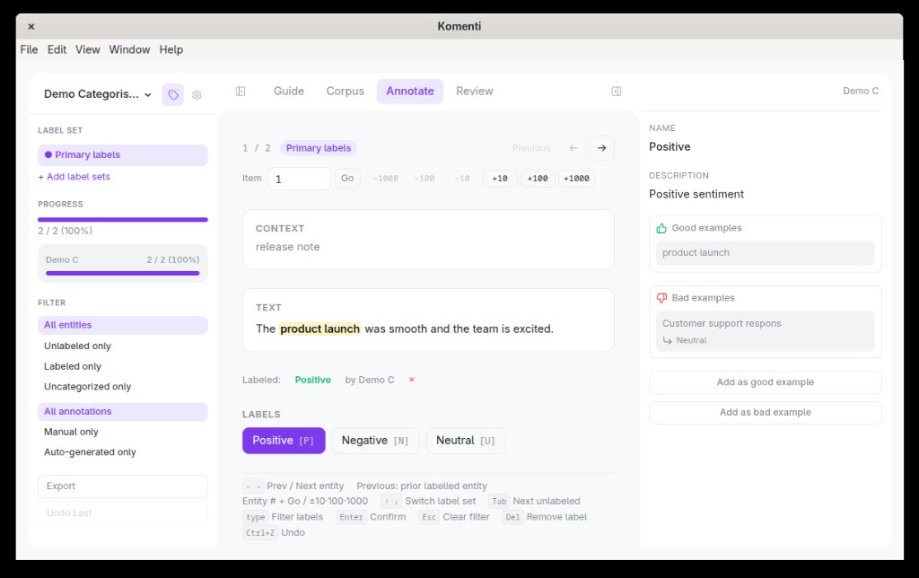 Interface de catégorisation avec raccourcis clavier